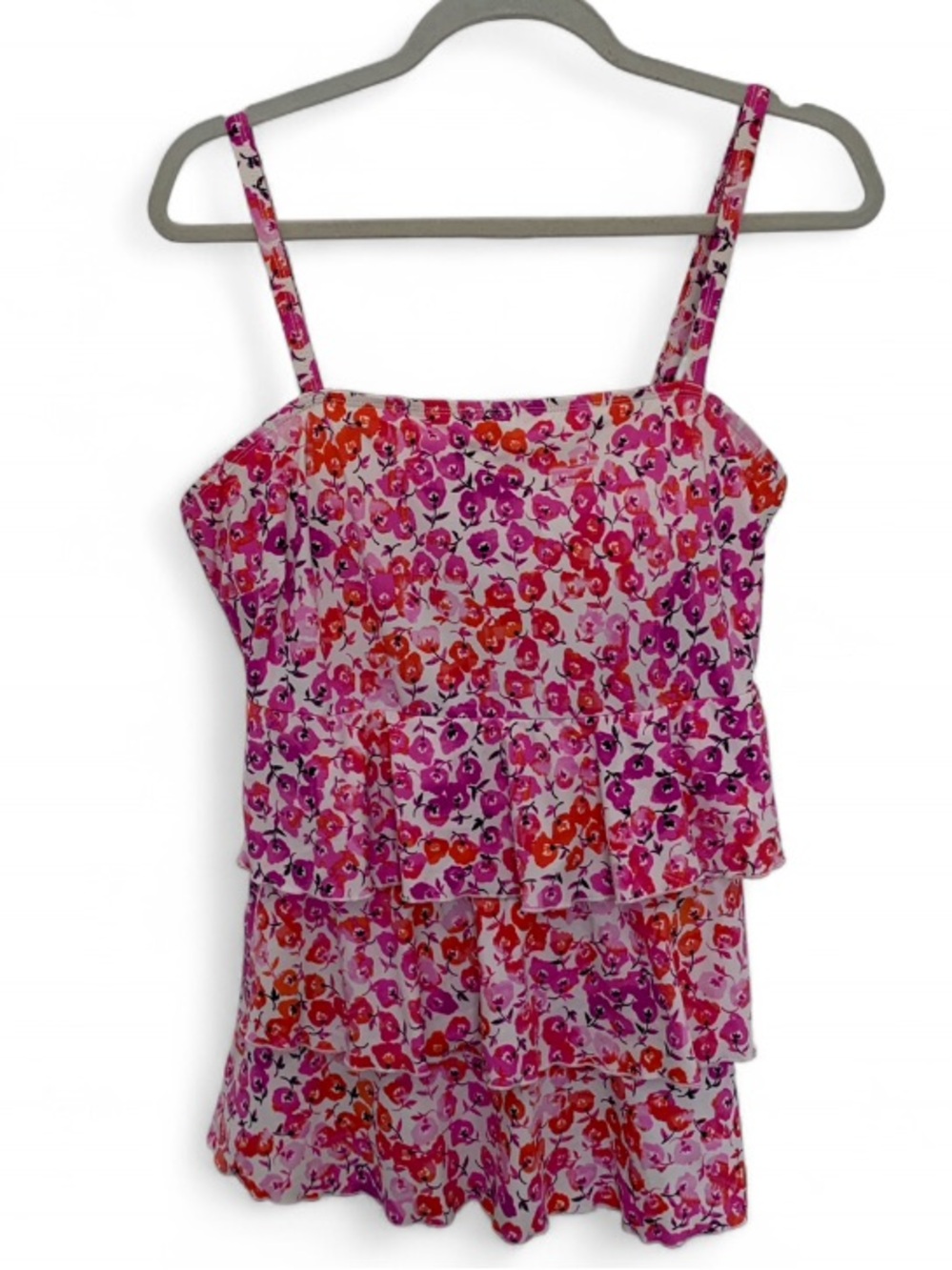Lane Bryant Floral Pink Tiered Spaghetti-Strap Tankini Swim Top